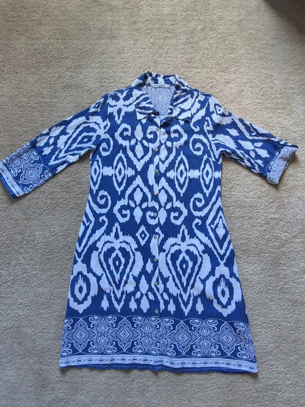 Valentina Naldi Italy Linen Dress Blue/White Button Up Collared Midi Size M